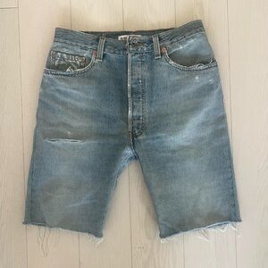 Re/Done Blue Jean Shorts with Raw Hem and Distressed Look